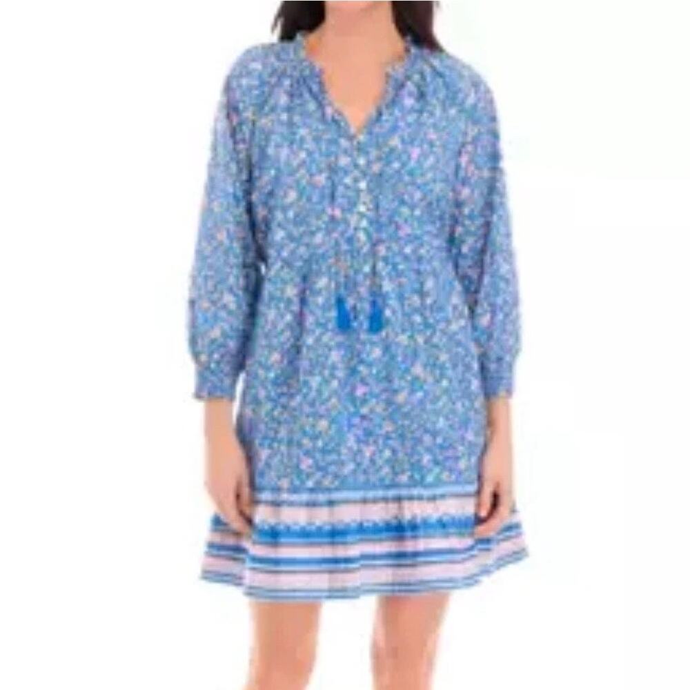 Wonderly Peasant Midi Dress Blue Floral Size 2X Cottage Boho Romantic XXL Ruffle